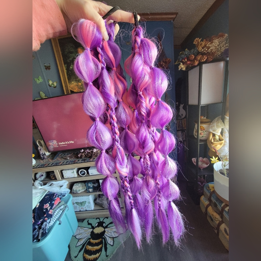 Full Vibrant Purple And Pink Rave Bubble Ponytail Braids Set Of 2 - Picture 3 of 9
